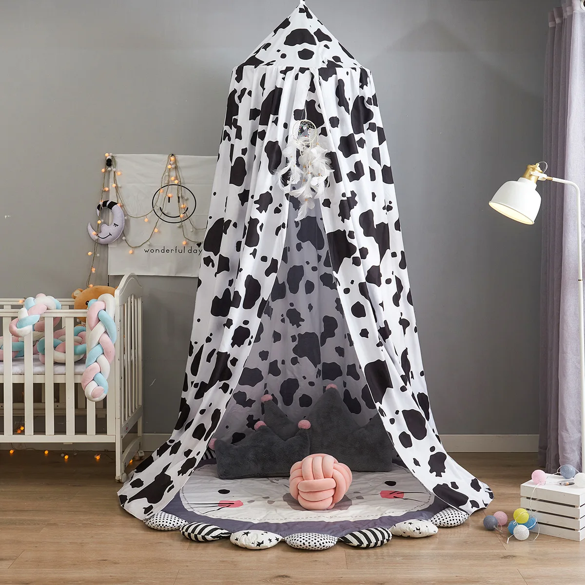 Children's Bed Curtain Cow Spot Bed Curtain Hanging Dome Single Door Indoor Mosquito Net Game House Baby Bedding Blackout Tent