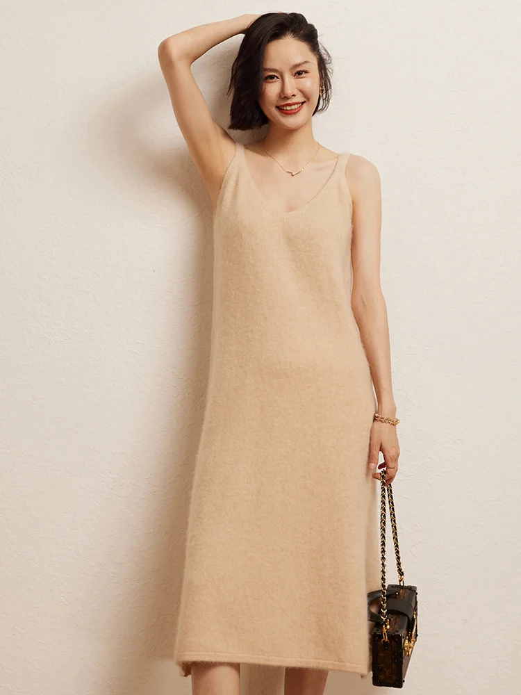 Women's Vest Dress 100% Cashmere Sweater Camisole Dress Pullover Autumn Winter A-line Vest Dress Straight Skirt Knit Boho Suit