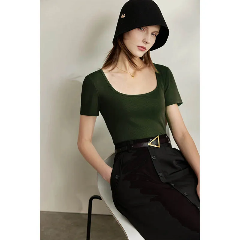 Amii Minimalism Women Tops & Tees 2024 Summer New Casual Basics Solid Square Collar Knit Short Sleeve Elastic T-shirts 12442331
