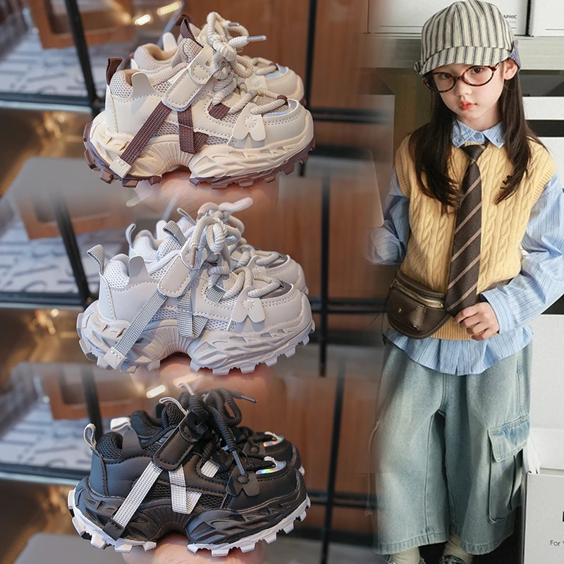 

Новинка 2025, осенние кожаные модные кроссовки для девочек, детская спортивная обувь на толстой подошве