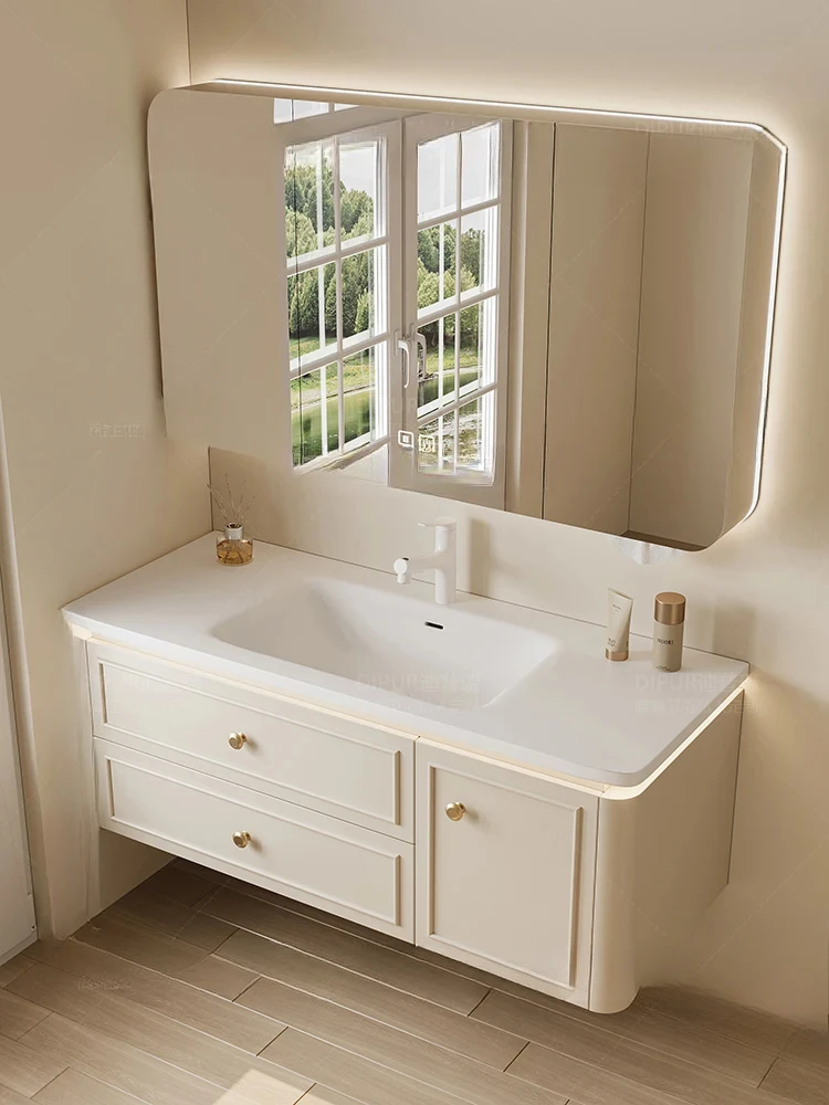 Cream wind bathroom cabinet Corian integrated ceramic basin oak arc toilet hand wash basin combination