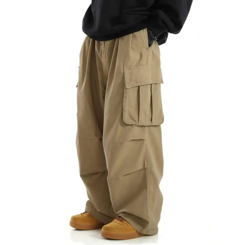 

Loose Pants Vintage Wide Leg Men's Cargo Pants with Multi Pockets Elastic Waist Hip Hop Streetwear Style Outdoor Long Trousers