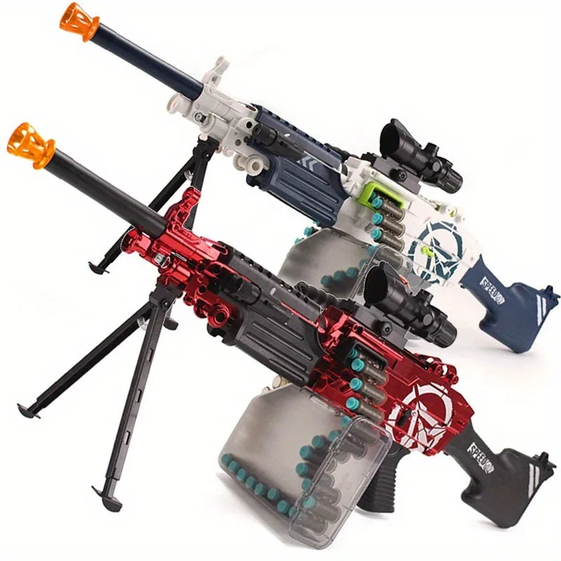 M249 Pistola de juguete eléctrica azul y roja con modos de disparo eléctricos y manuales duales, 60-70FPS y alcance de disparo de 15 m