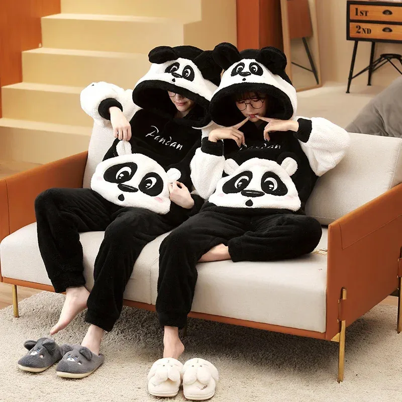 Coppia invernale Pigiama Set Donna Uomo Peluche Morbido Addensare Pigiama Indumenti da notte Coreano Allentato Homewear Cartoon Panda Pigiama Vestito