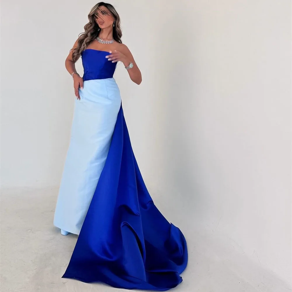 

ROYET Strapless Blue Sleeveless Formal Classic Style Mermaid Long Prom Gown Sweep Train Luxury Simple Vintage Evening Dress