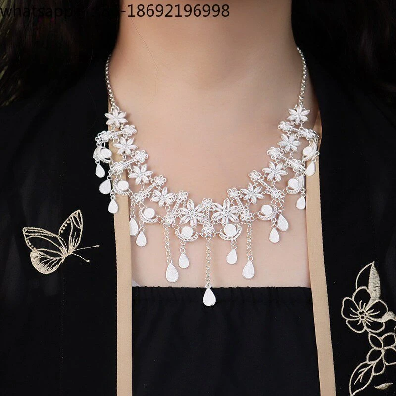 999 Sterling Silver Flowering Like Brocade Yingluo Necklace Niche Foot Silver New Chinese Antique Design Jewelry