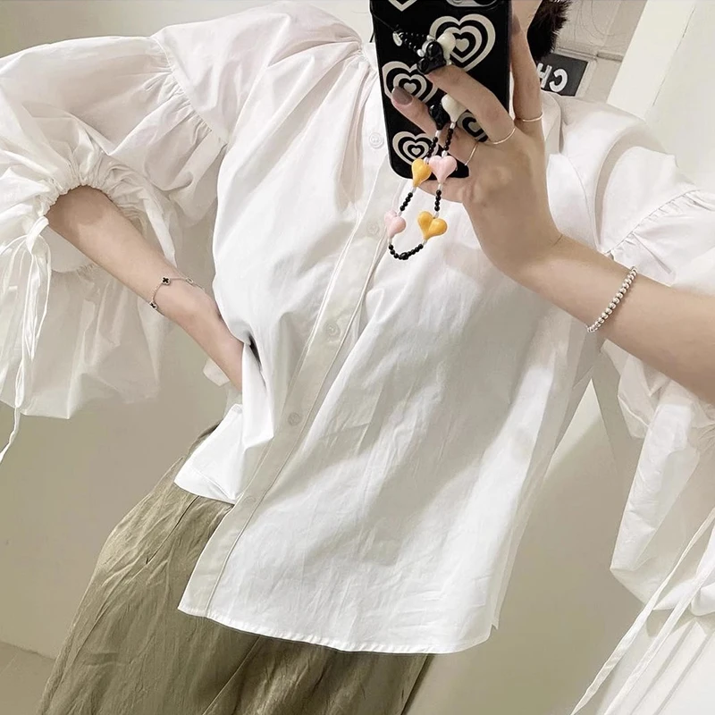 Chic round Ne Loose Fit Lantern Sve irt Women's Top Korean Sle Commute Faion Small Button Detail Casual irt