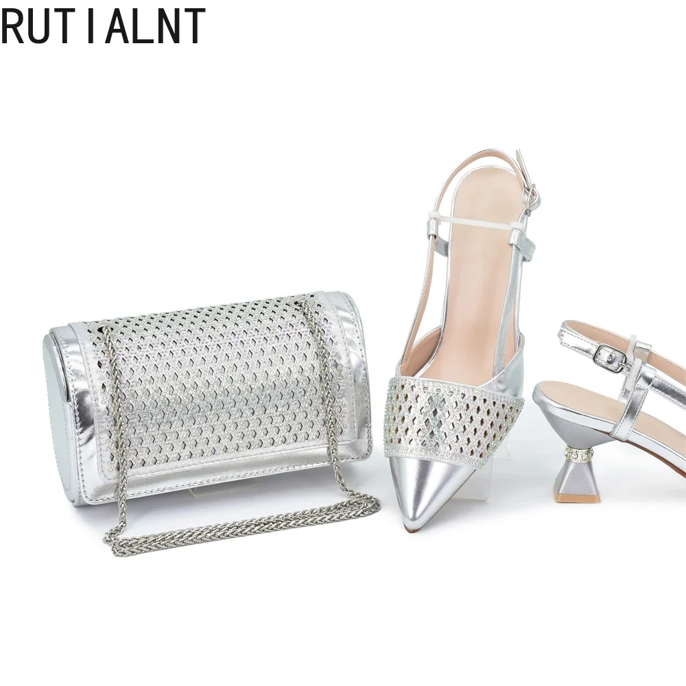 Recién llegado, zapatos y bolsos para mujer, conjunto decorado con diamantes de imitación, zapatos de tacón elegantes de diseñador de lujo para fiesta