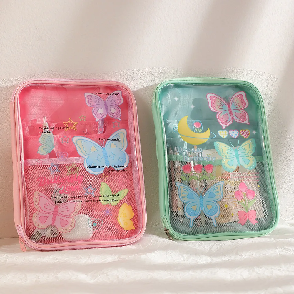 Cute Butterfly Cartoon borsa per matite per bambini trasparente borsa per auricolari di grande capacità astuccio per matite per ragazza cancelleria