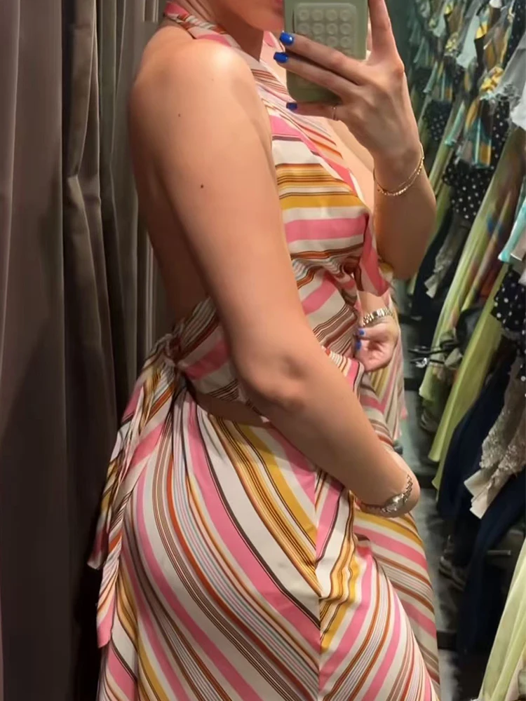 

Women Striped Print Vest Skirts Suit Summer New Sexy V-neck Halter Lace-up Backless Tank Tops Long Skirt Fashion Beach Outfits