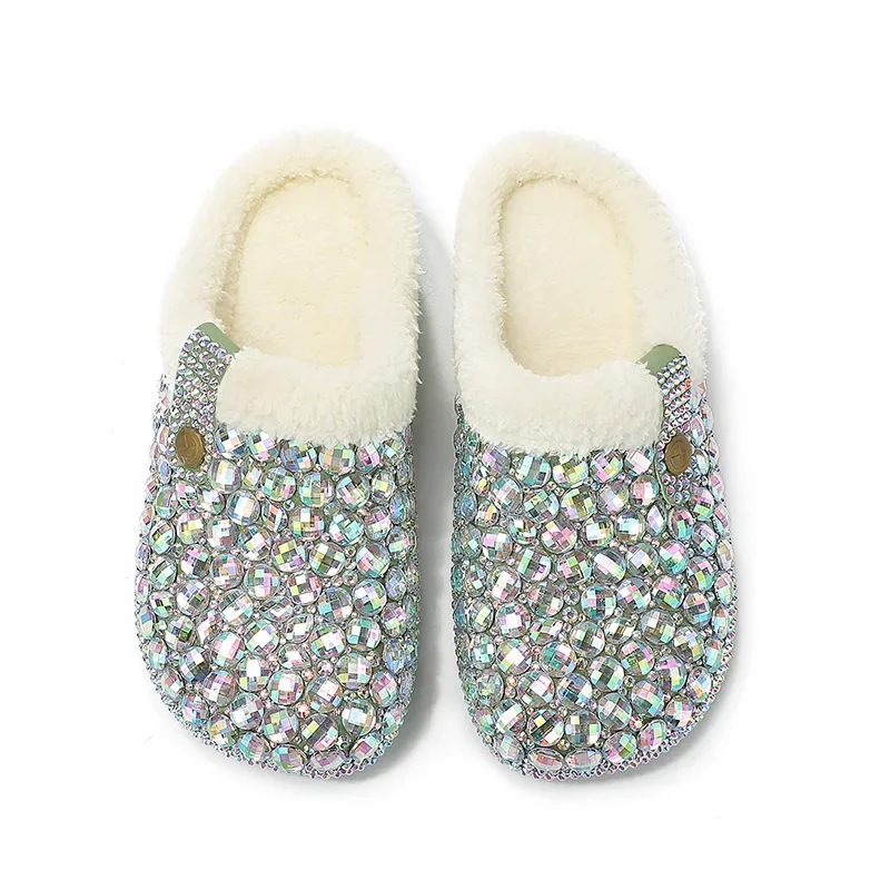 Handmade Diamond Studded Trendy Thick Soled Plush Warm Winter Slippers European American Fashionable At Home or Outdoor Slippers