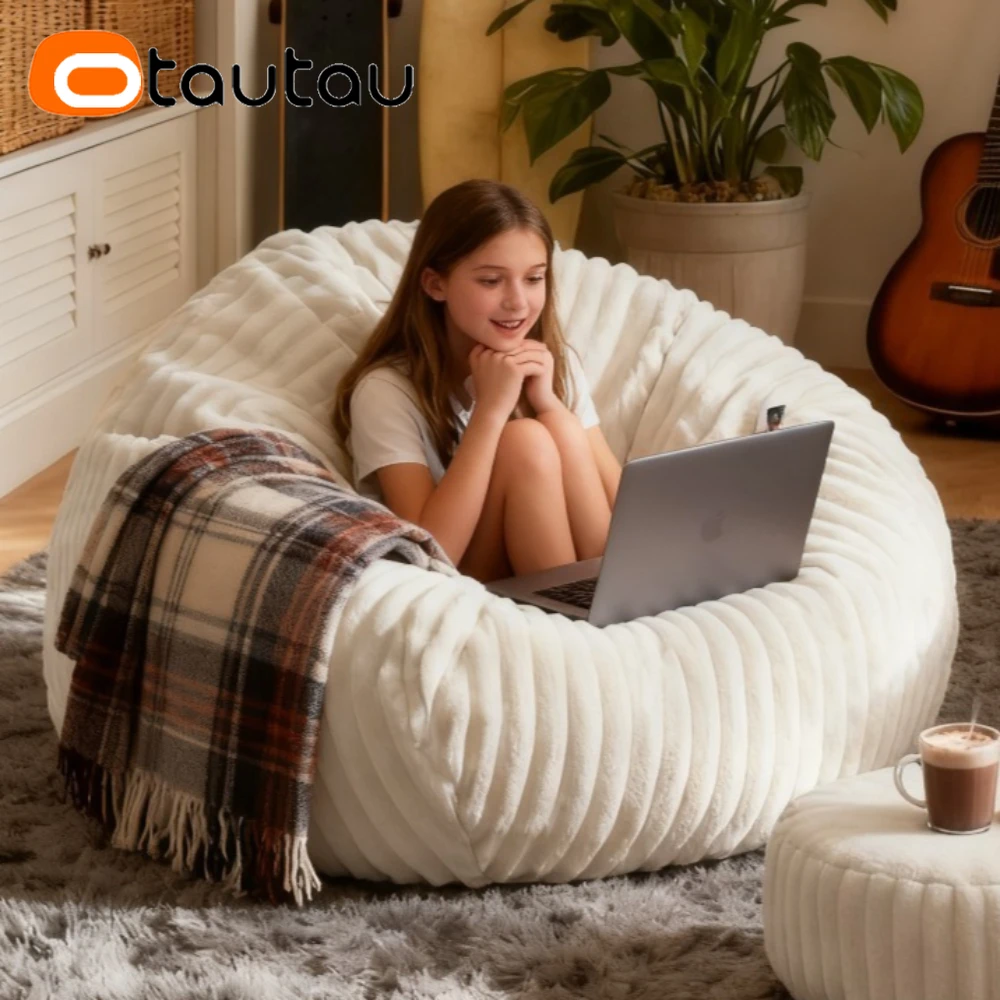 OTAUTAU Faux Bunny Fur Bean Bag Cover Winter Christmas Pouf DD234【No Filler Inside! Need Buy Filler By Yourself !】