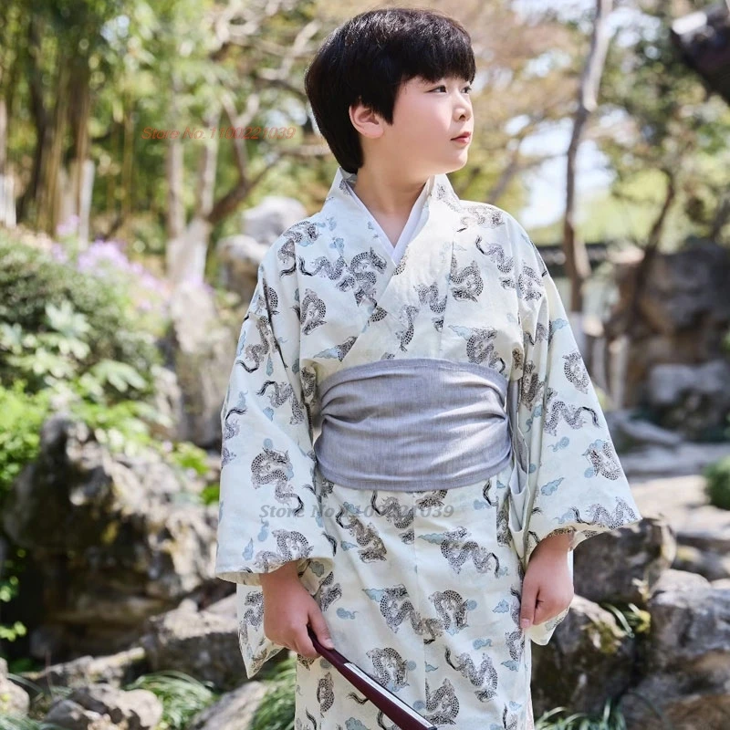 2025 japanese traditional yukata kimono children japanese robe geisha dragon print kimono belt+belt set festival cosplay costume