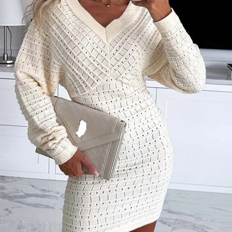 Apricot Knit Solid V-neck Sweater Dress Women Autumn Winter 2024 New Long Sleeve High-waisted Hips Short Dresses Fashion Casual