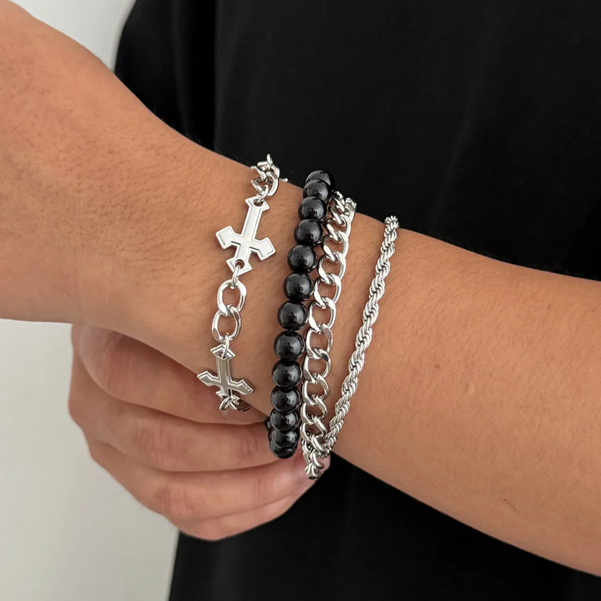 

KunJoe 3Pcs/Set Hip Hop Multilayer Cuban Chain Bracelet for Men Minimalist Silver Color Cross Charm Bracelet Male Jewelry Gift
