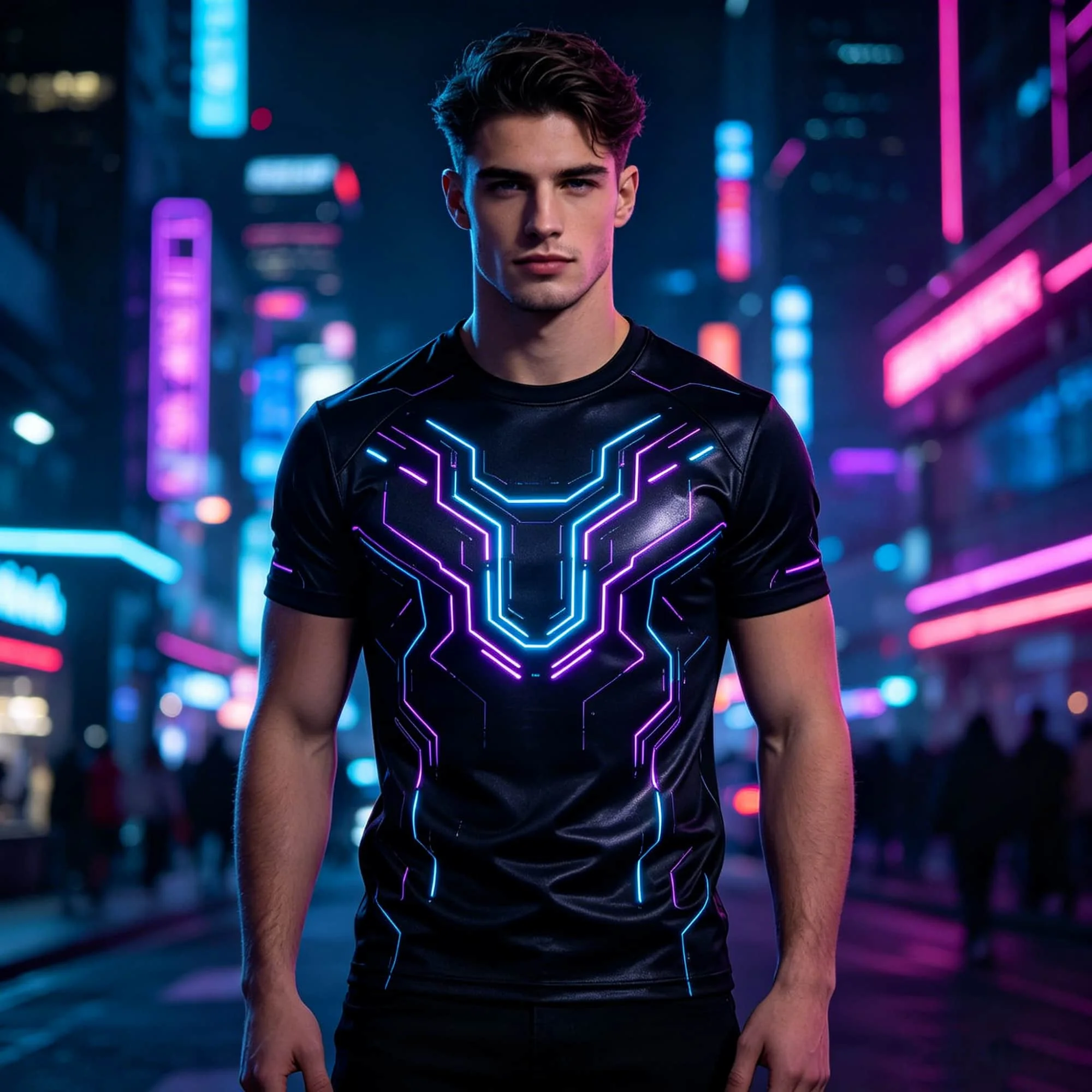 Summer Casual Streetwear Top Men Cyberpunk T-Shirt Futuristic Neon Line Print Short Sleeve Tee Techwear
