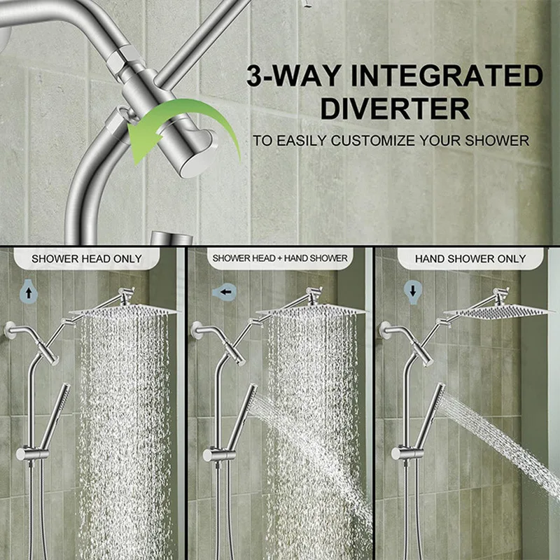 Luxury Rainfall Shower System Set Square Head Handheld Sprayer Slide Bar Bracket Hose Complete Bathroom Fixture Kit Chrome view 5