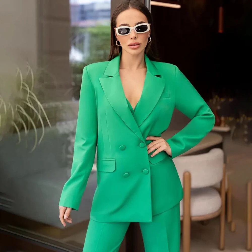 Fashion Women's Suits High Quality Double Breasted Peak Lapel Regular Fit Blazer Customized Office Work 2 Piece Jacket Pants Set