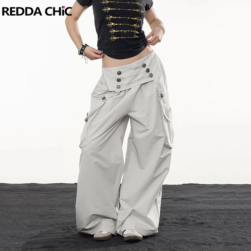 ReddaChic Vintage Buttons Cargo Pants Women Y2K Elastic Waist Fold Over Wide Leg Palazzo Pants Steampunk Alternative Clothes