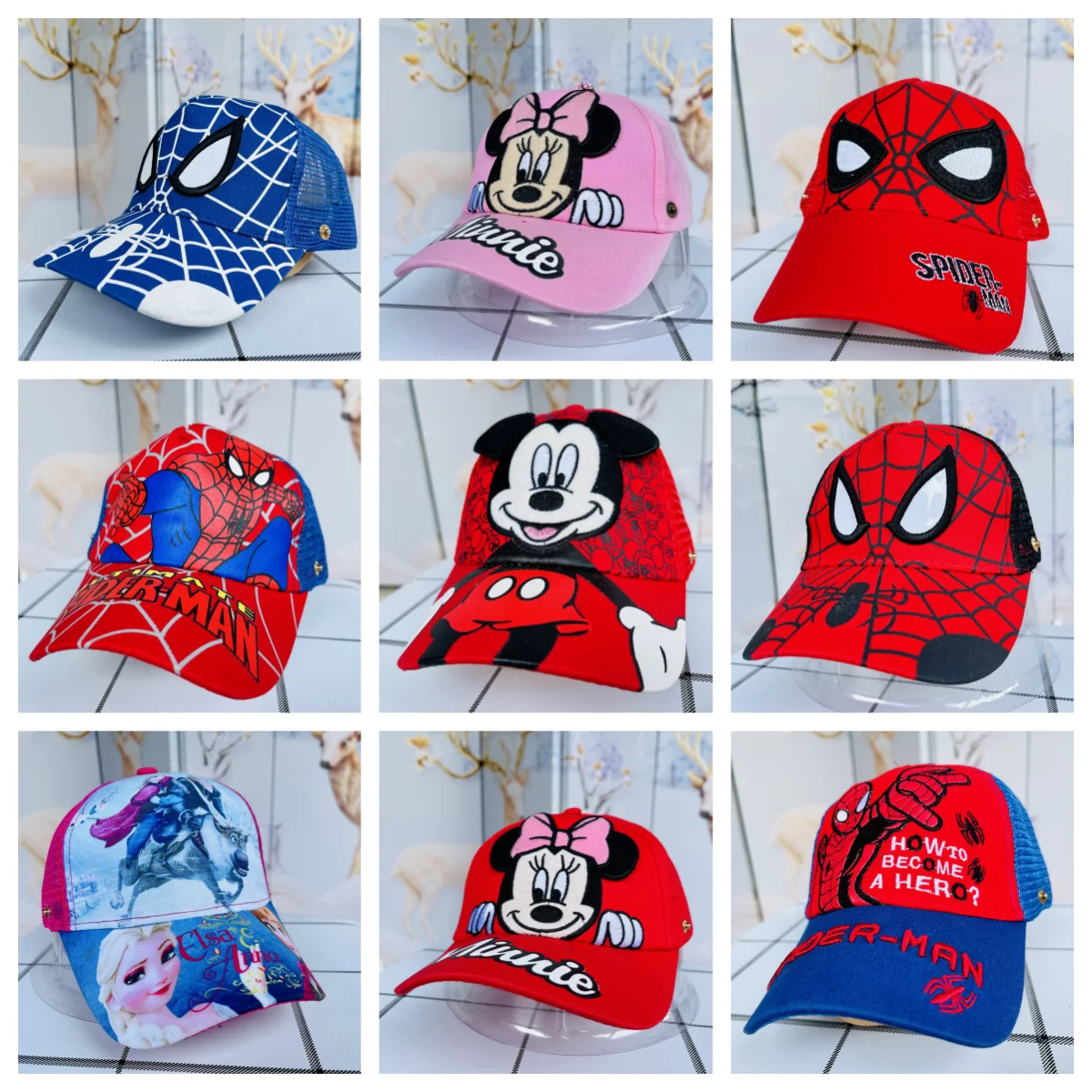 Random 1pcs Children\'s hats Mickey Kids Hat Boy Girl Travel Caps Spiderman elsa Minnie Baby Caps Figure Gift Toys 3-8Y