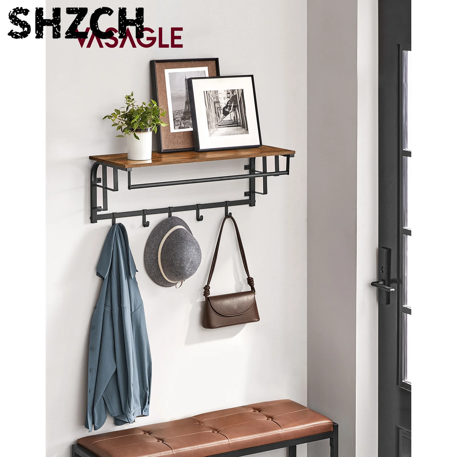 Wall Hooks: 5 hooks, floating rack with track for hanging. Brown/black.