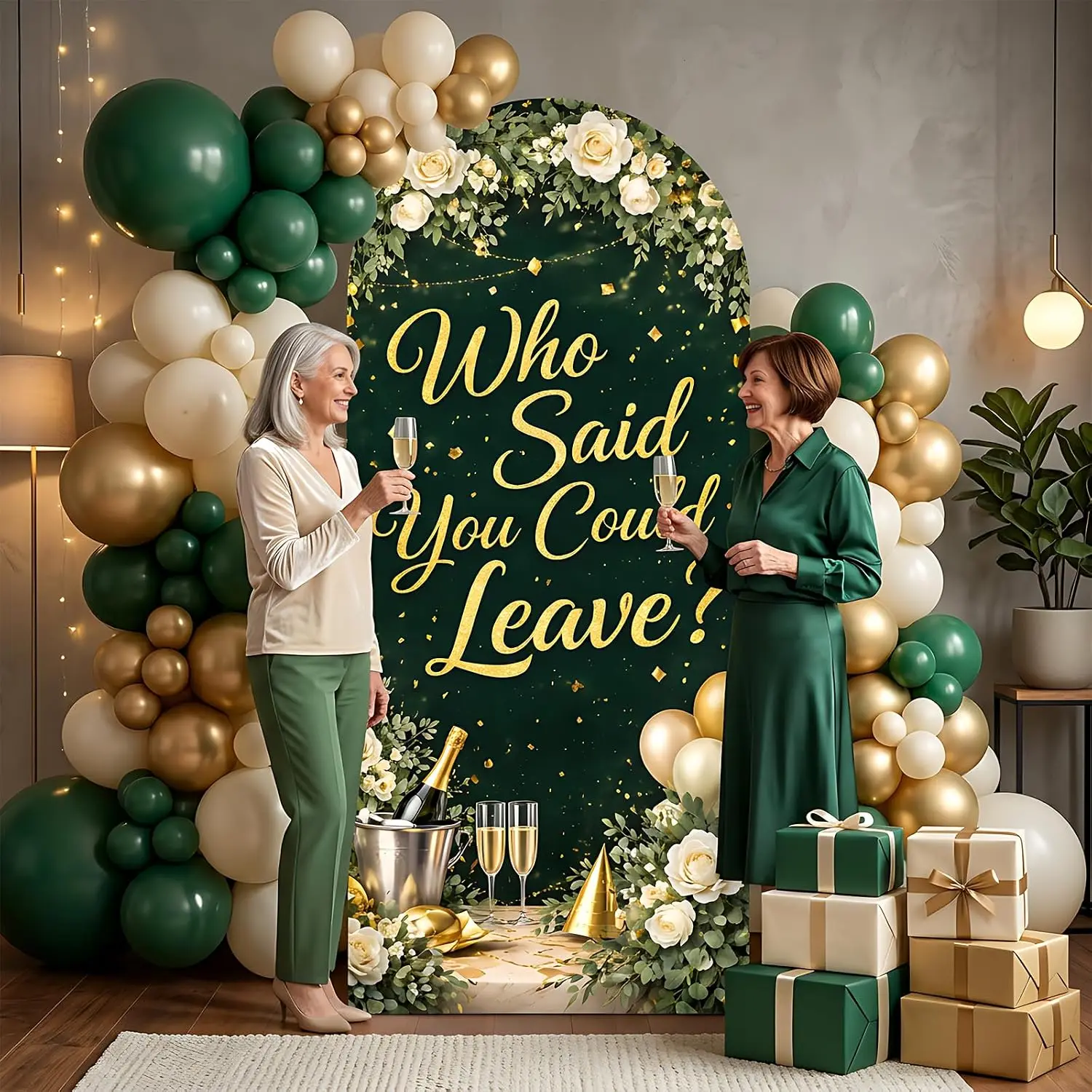 Who Said You Could Leave Arch Backdrop Cover Green Gold Retirement Party Farewell Goodbye Going Away Leaving Coworker Background