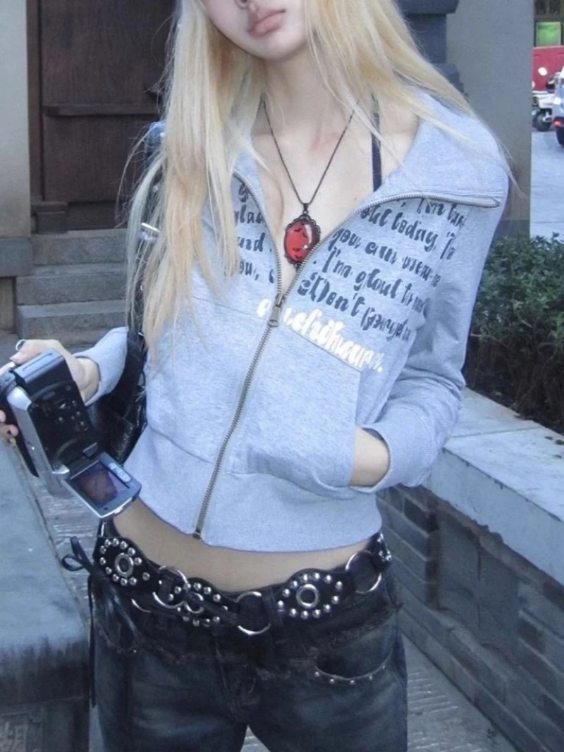 

Vintage Y2K Short Cropped Zip Up Coat Retro Letter Print Thin Jacket with Stand Collar Zipper Sweatshirt Spring Fall Outerwear