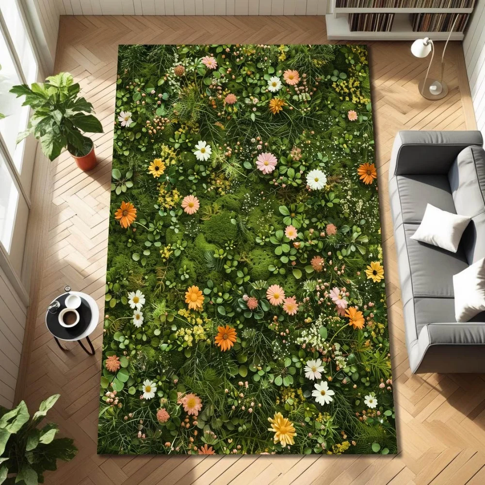 Vibrant Moss Wild Daisy Floral graphics large Rug lounge coffee corner sunroom entrance foyer Non Slip Washable Rug
