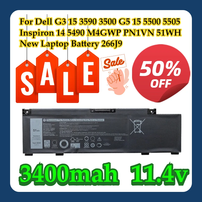 

For Dell G3 15 3590 3500 G5 15 5500 5505 Inspiron 14 5490 M4GWP PN1VN 11.4V 51WH New Laptop Battery 266J9