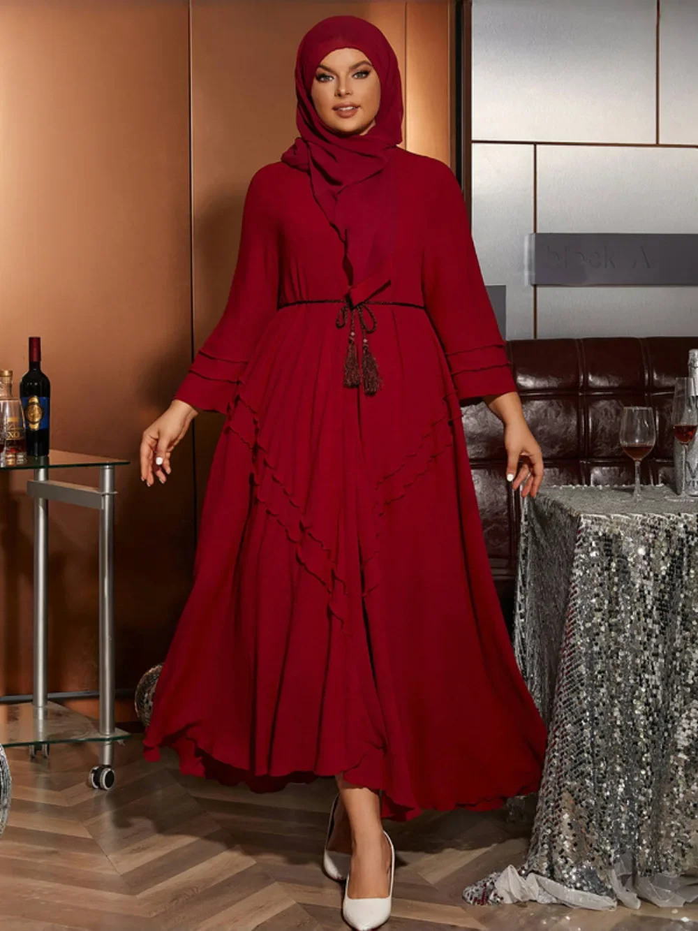 عباية نسائية للعيد مع وشاح فستان حجاب فساتين حمراء للحفلات الطويلة رداء قفطان إسلامي جلابية قفطان رمضان 2026 فيستدوس لارجوس #1
