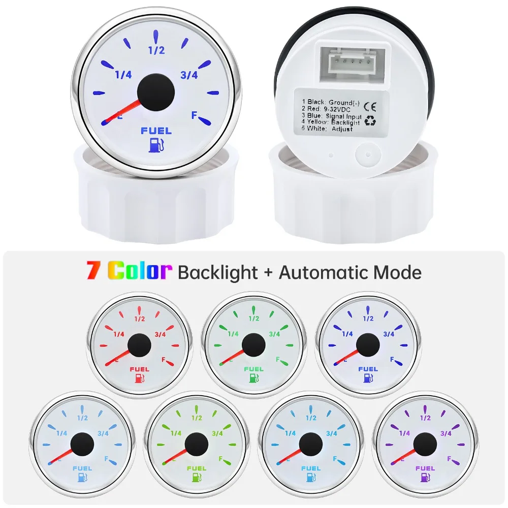 52MM Fuel level Gauge 240-33 ohm Stainless Steel Fuel Level Sensor 100-500mm 7 Color Backlight For Marine Boat Car Truck 12V 24V