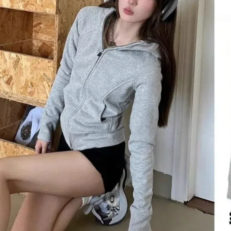 Women\'s Clothing Hoodies Spring Autumn Solid Color Zipper Pocket Lantern Long Sleeve Hooded Coats Casual Fashionable Tops