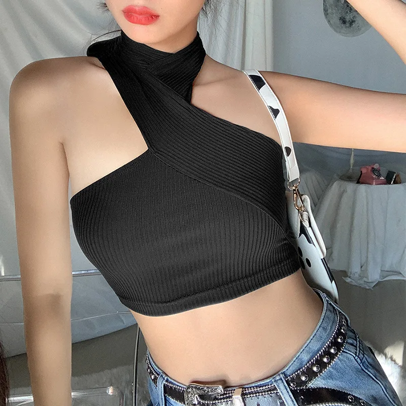 Fashion Crop Top Sexy Croped Backless Rib Knit Women Off Shoulder Casual Tie Up Streetwear Irregular Skinny Club Clothes White