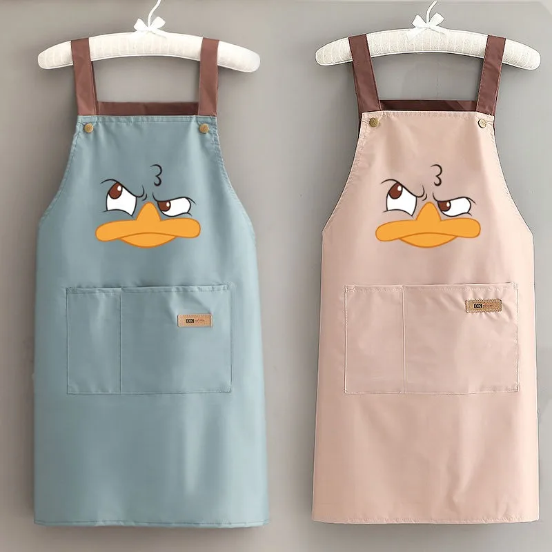 Waterproof Kitchen Apron With Pocket Restaurant Cooking Apron Working Uniforms Kitchen Cleaning Duck Printed Pattern Cloth Apron