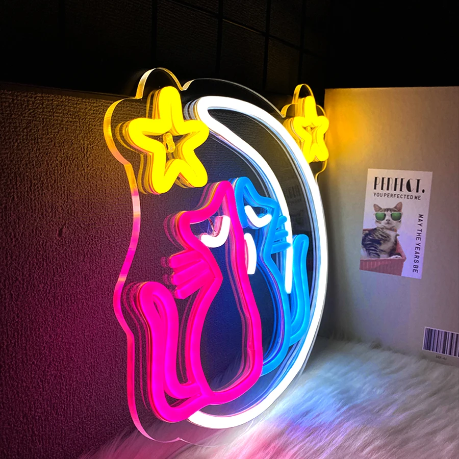 علامات نيون على شكل قطة القمر لديكور الحائط، لافتة إضاءة LED لديكور غرفة Preppy لافتة مضيئة لتزيين حفلات أعياد الميلاد المنزلية #5