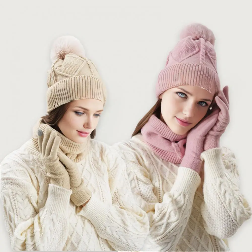 Winter Hat Scarf Glove Combo 3pcs Women Winter Accessories Set Thickened Plush Lining Hat Twist Texture Scarf Warm for Weather