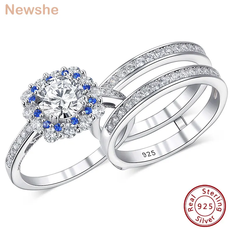 

Newshe Original 925 Sterling Silver Engagement Wedding Ring Set Enhancer Halo Brilliant Round Blue Sapphire Gemstone Zircons