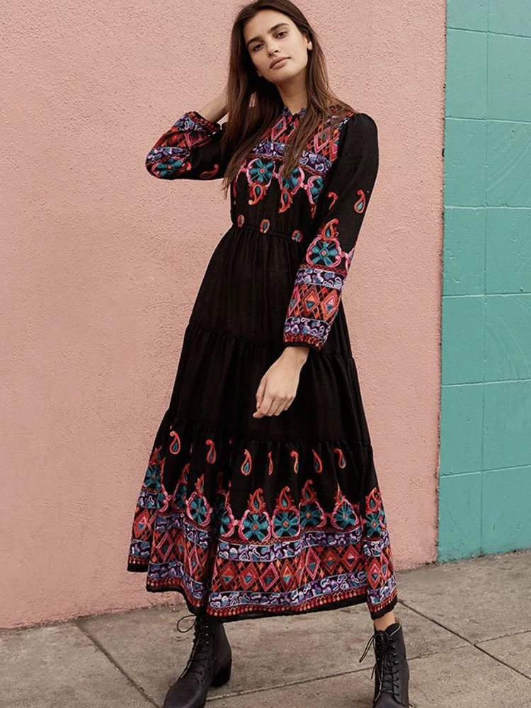 KHALEE YOSE Boho Floral Embroidery Maxi Dresse Cotton Black Long Sleeve Dress Vocation Hippie Vintage Chic Beach Ladies Dress