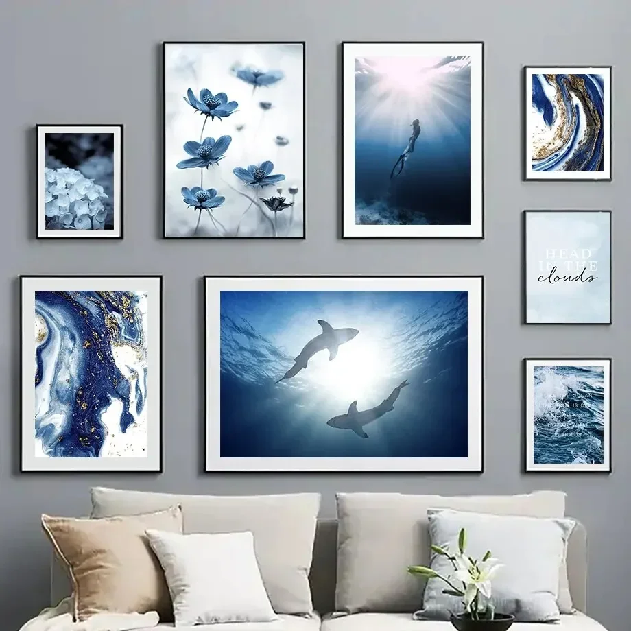 Diving Girl With Shark In Blue Ink Flower Rock Canvas Painting Posters and Prints Wall Art Picture For Living Room Decoration