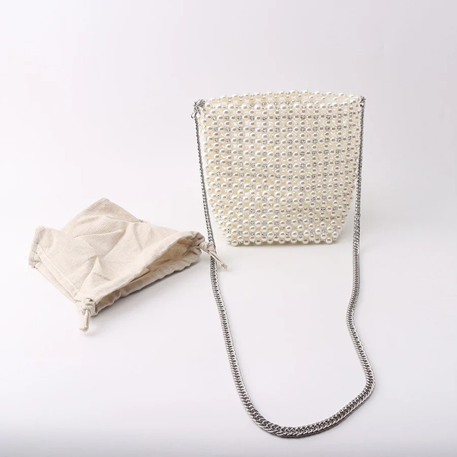 ZA New Pearl Beaded Bag White Beaded Fairy Portable Messenger Bags with Chain Female Purses and Handbags Cross Body Bag Woman