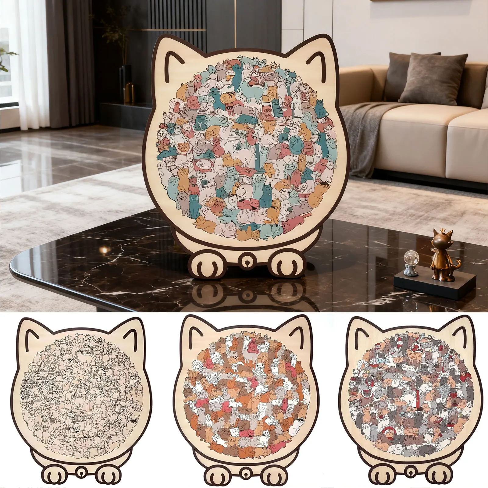 Morandi-Colored Cat Shaped Wooden Jigsaw Puzzle Unique Animal Unique Animal Shape Wooden Puzzles for Adults Kids