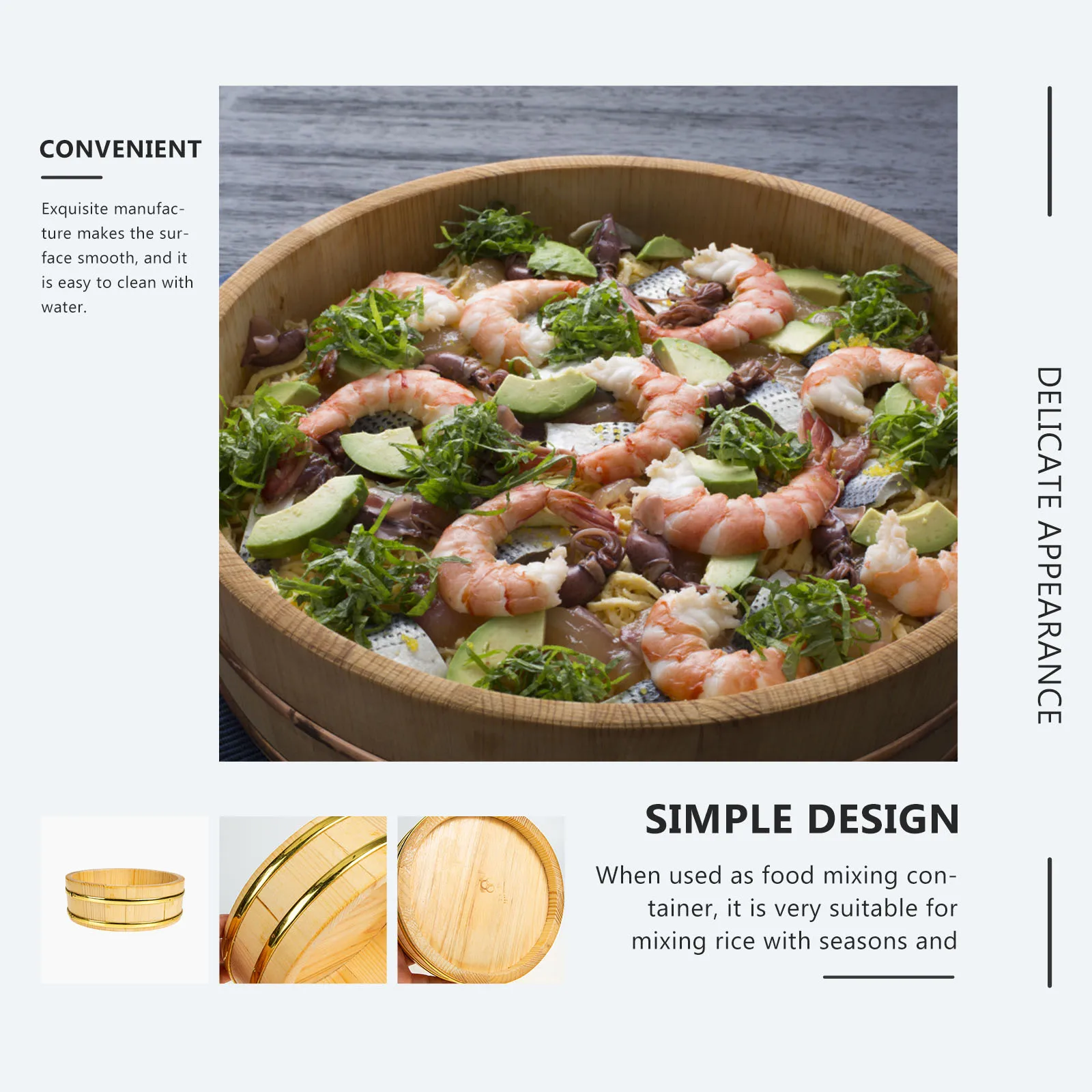 

Sushi Bucket Japanese Wooden Rice Mixing Tub Round Food Barrel Easy to Clean Compact Size for Bibimbap Serving Container