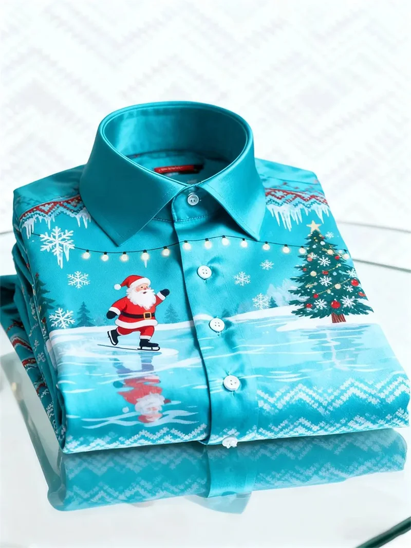 New Men's Long Sleeved Shirt Lake Blue Ice Skating Santa Claus Christmas Tree Snowflake Print Lapel Shirt Top