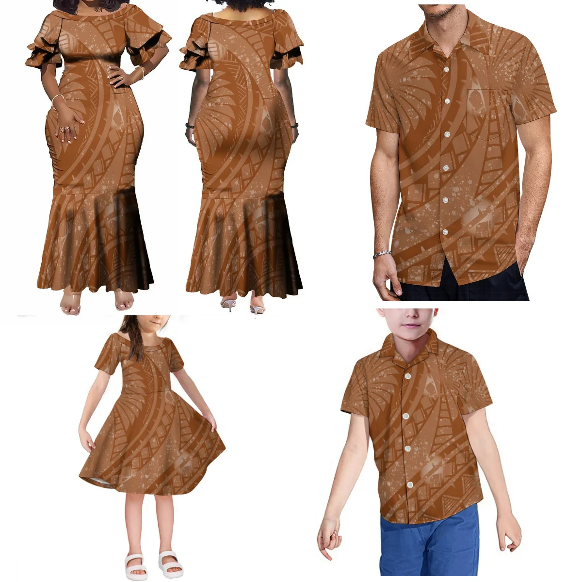 Samoa Plus Size Family Party Suit Polynesian Custom Ethnic Fishtail Dress And Shirt Father Mother Son Daughter Polynesian Dress