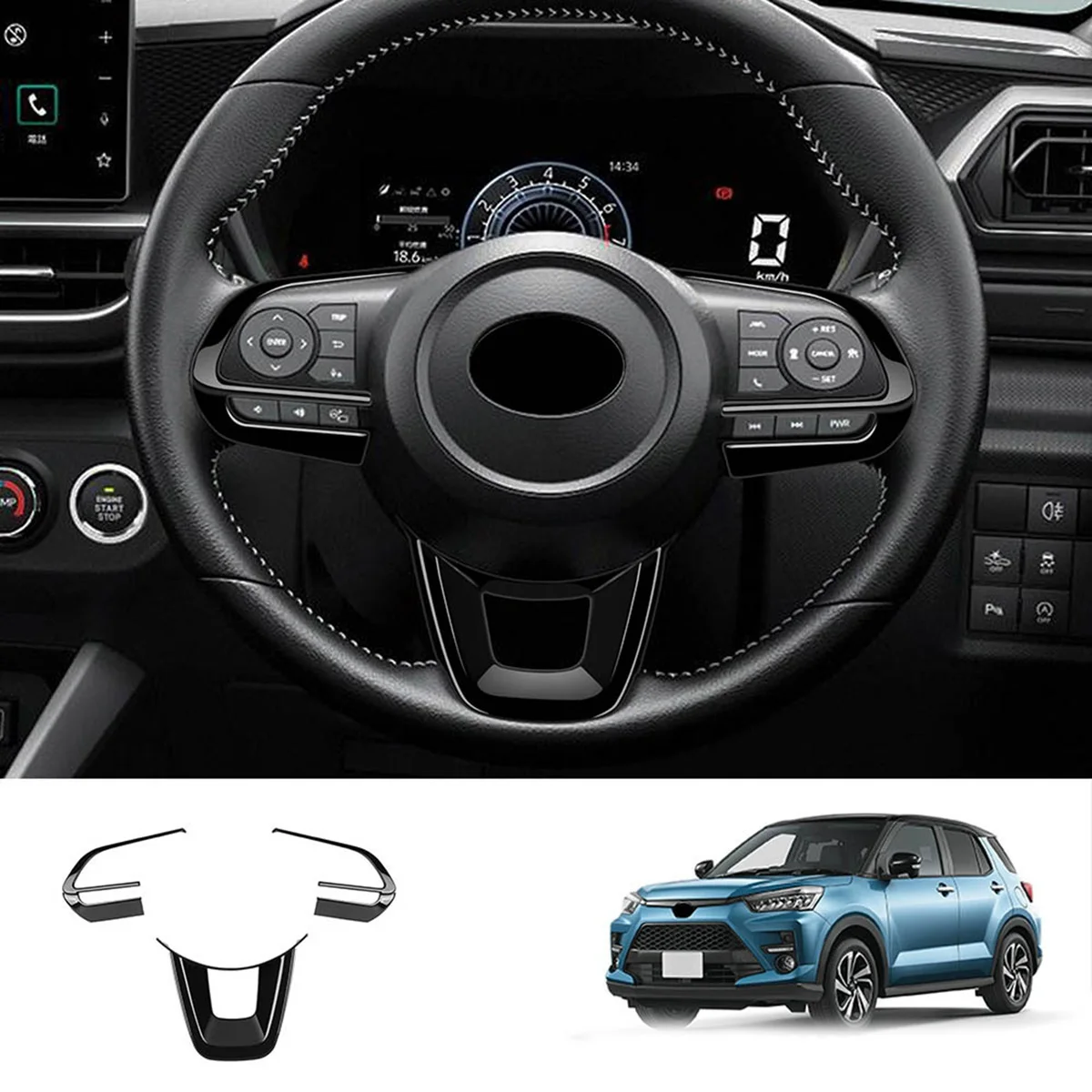 3Pcs/Set Gloss Black Car Steering Wheel Decoration Cover Trim Sticker for TOYOTA Raize 200 Series 210A 2021 VELOZ 2022