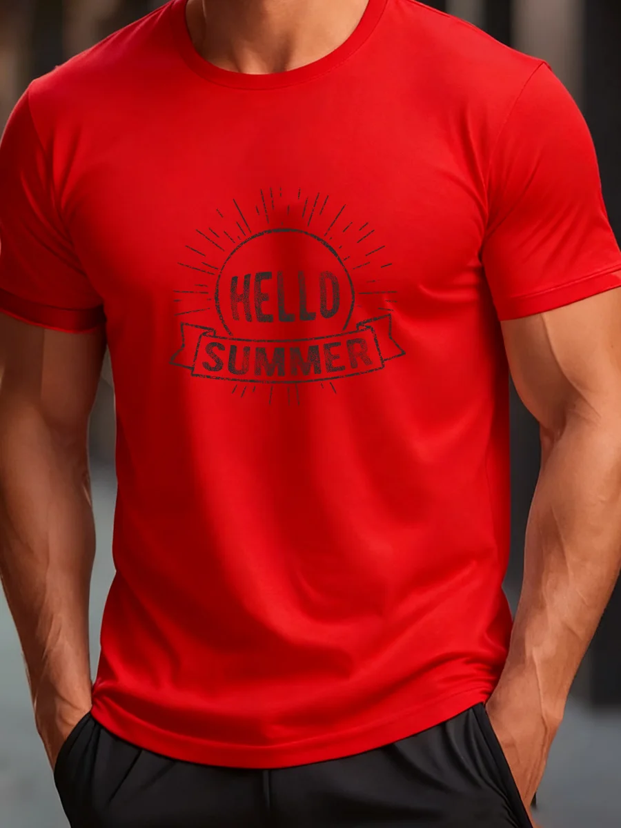 تي شيرت برتقالي لامع بأكمام قصيرة مع طباعة جرافيك "HELLO SUMMER" - تي شيرت كاجوال للرجال برقبة دائرية لأسلوب الصيف #4