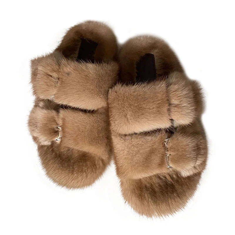 Winter Fashion Fur Slippers Luxury Women Indoor Slippers Outdoor Casual Warm Fluffy Slippers Ladies Flat Shoes Mink Fur Slippers