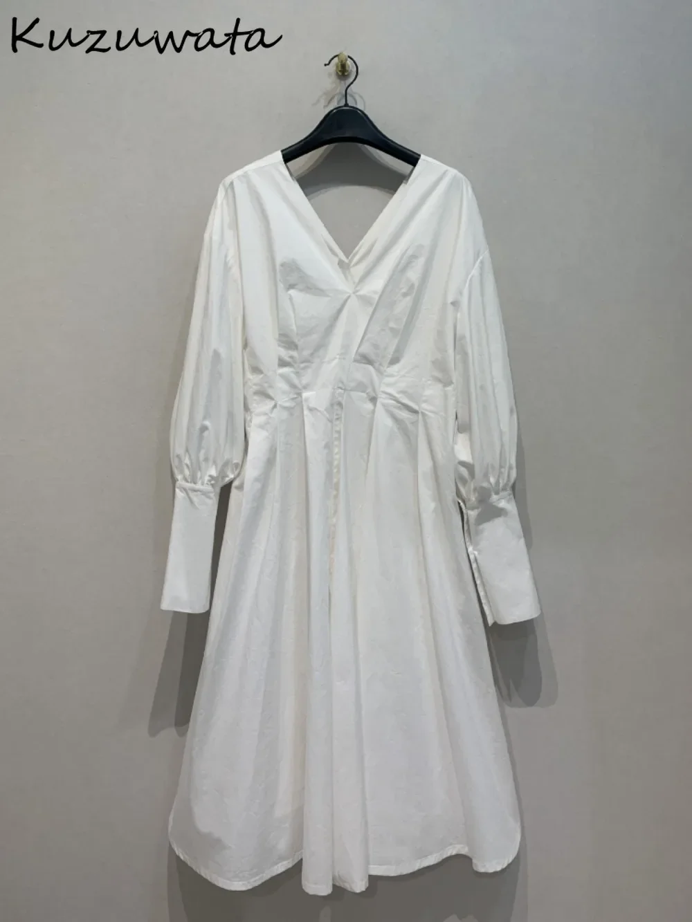 

Kuzuwata Solid V Neck Long Sleeve Mid-length Dress Vintage Loose Waist Slim Pullover Soft Robe Japanese Casual Cotton Vestidos