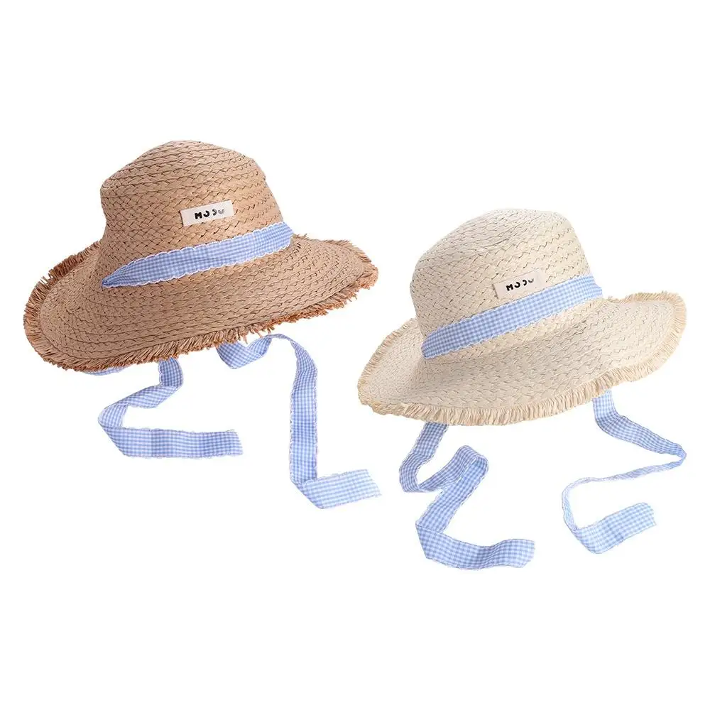 Lace-up Straw Weave Sun Hat Stripe Letter Summer Sunscreen Bucket Hat Riding Hat Japanese Style Bowknot Beach Sun Cap