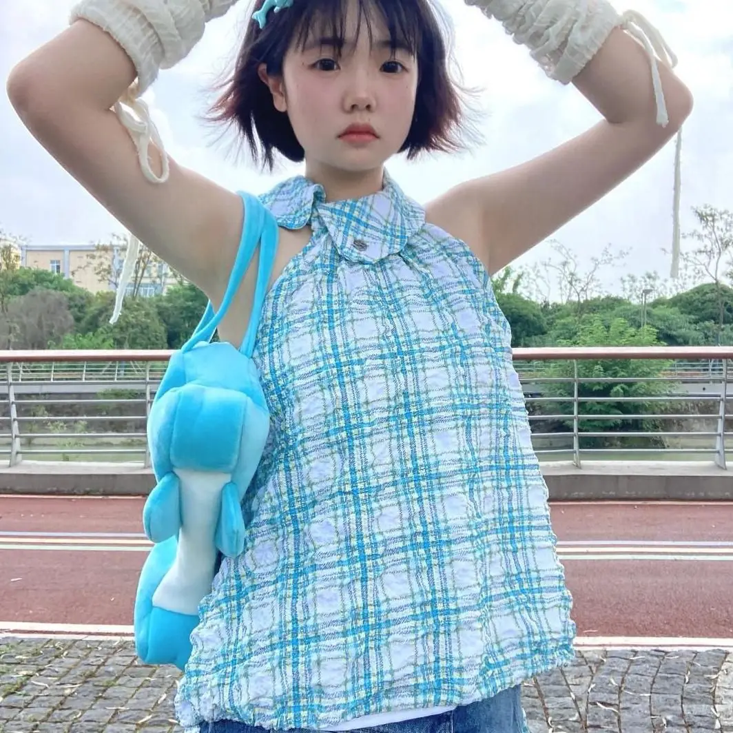 

Campus Style Design Chic Plaid Halter Neck Shirt Summer Sweet Loose Round Neck Sleeveless Top